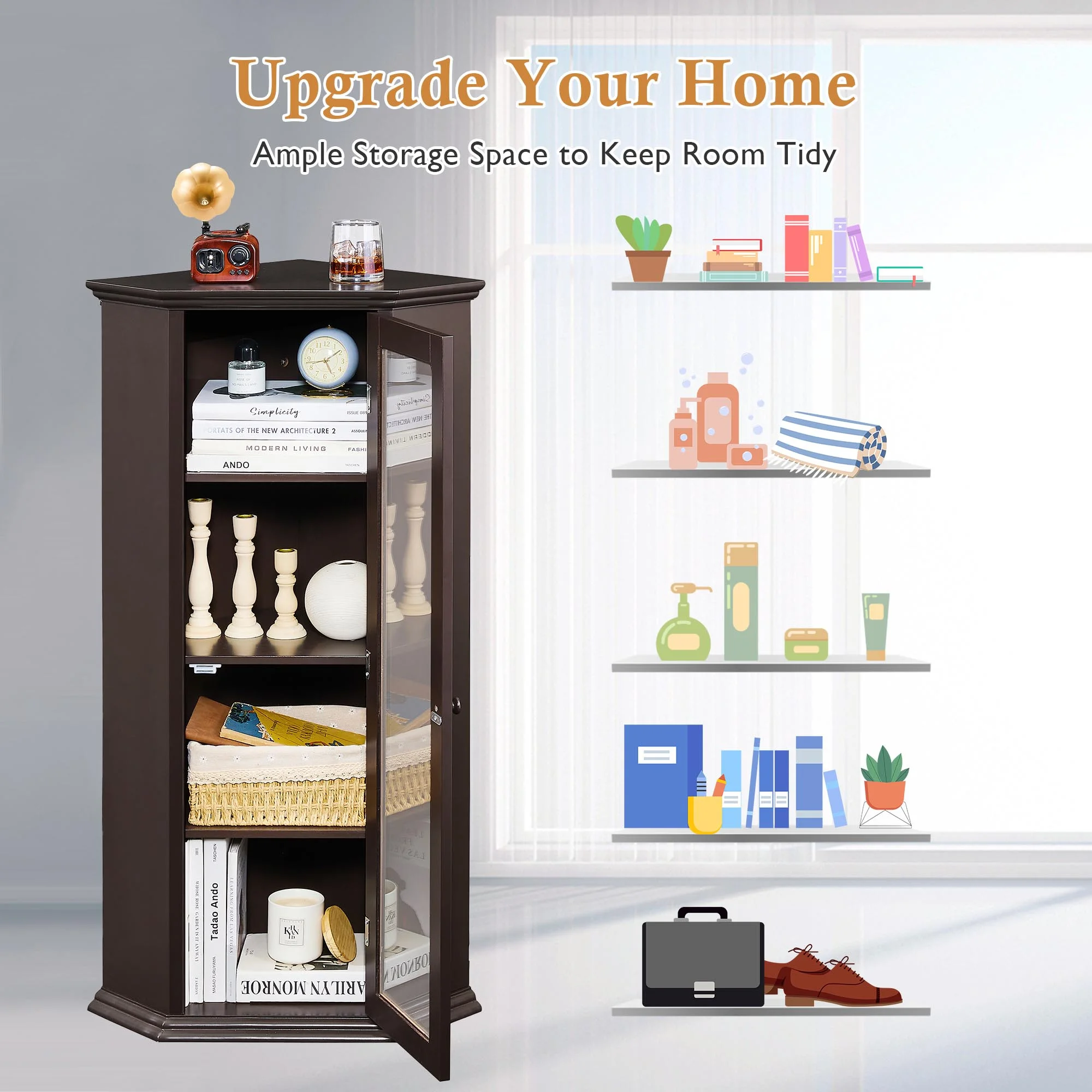 Freestanding Bathroom Cabinet with Glass Door, Corner Storage Cabinet for Bathroom, Living Room and Kitchen, MDF Board with Painted Finish