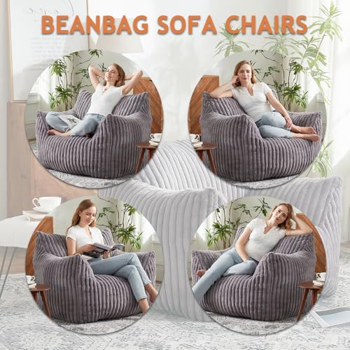 Giant Bean Bag Chairs for Adults with Filling Plush Fluffy Bean Bag Chairs for Teens with Armrests Comfy BeanBag Lazy Couch Sofa Chair for Bedroom
