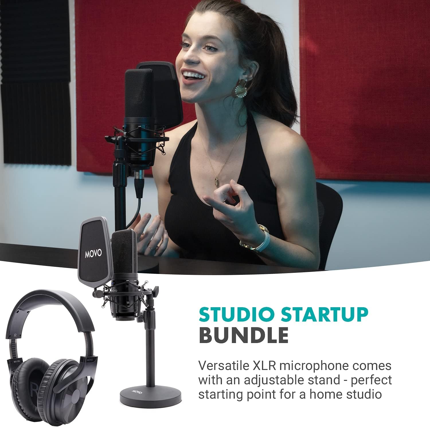 Movo Podcast Equipment Bundle with XLR Wired Microphone, 3.5mm/6.35mm Studio Headphones, and Desktop Mic Stand with Pop Filter