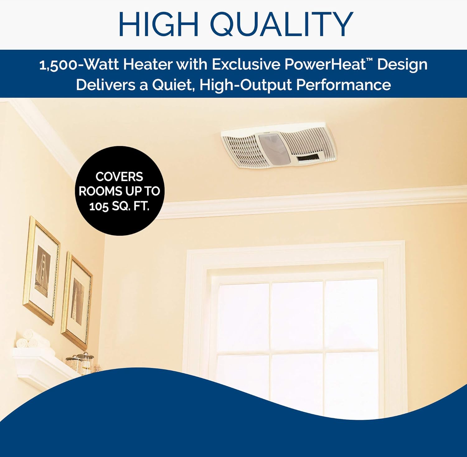Broan-NuTone QTX110HL Very Quiet Ceiling Heater, Fan, and Light Combo for Bathroom and Home, 0.9 Sones, 1500-Watt Heater, 60-Watt Incandescent Light