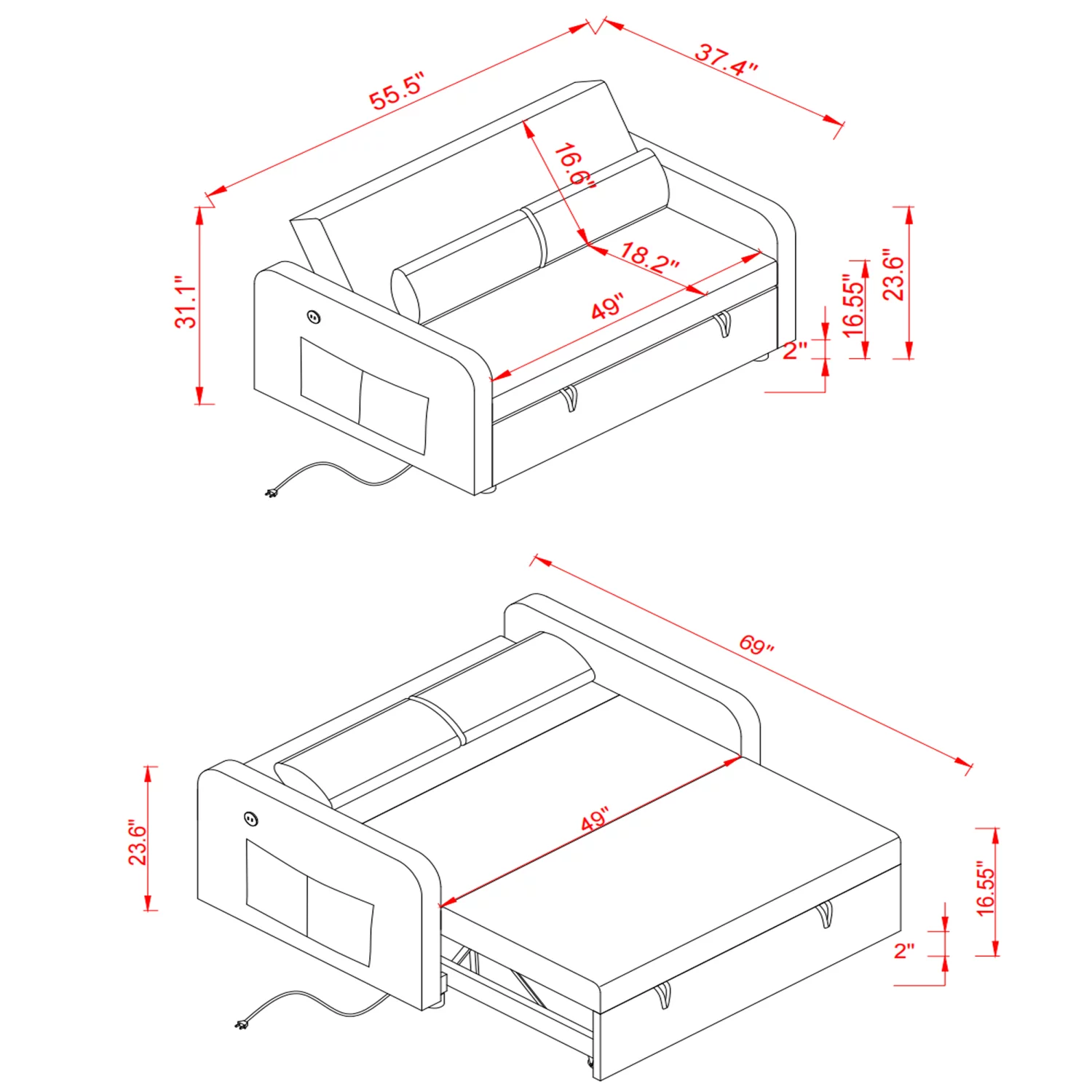 Holaki Velvet Convertible Loveseat Sleeper Sofa Bed with USB