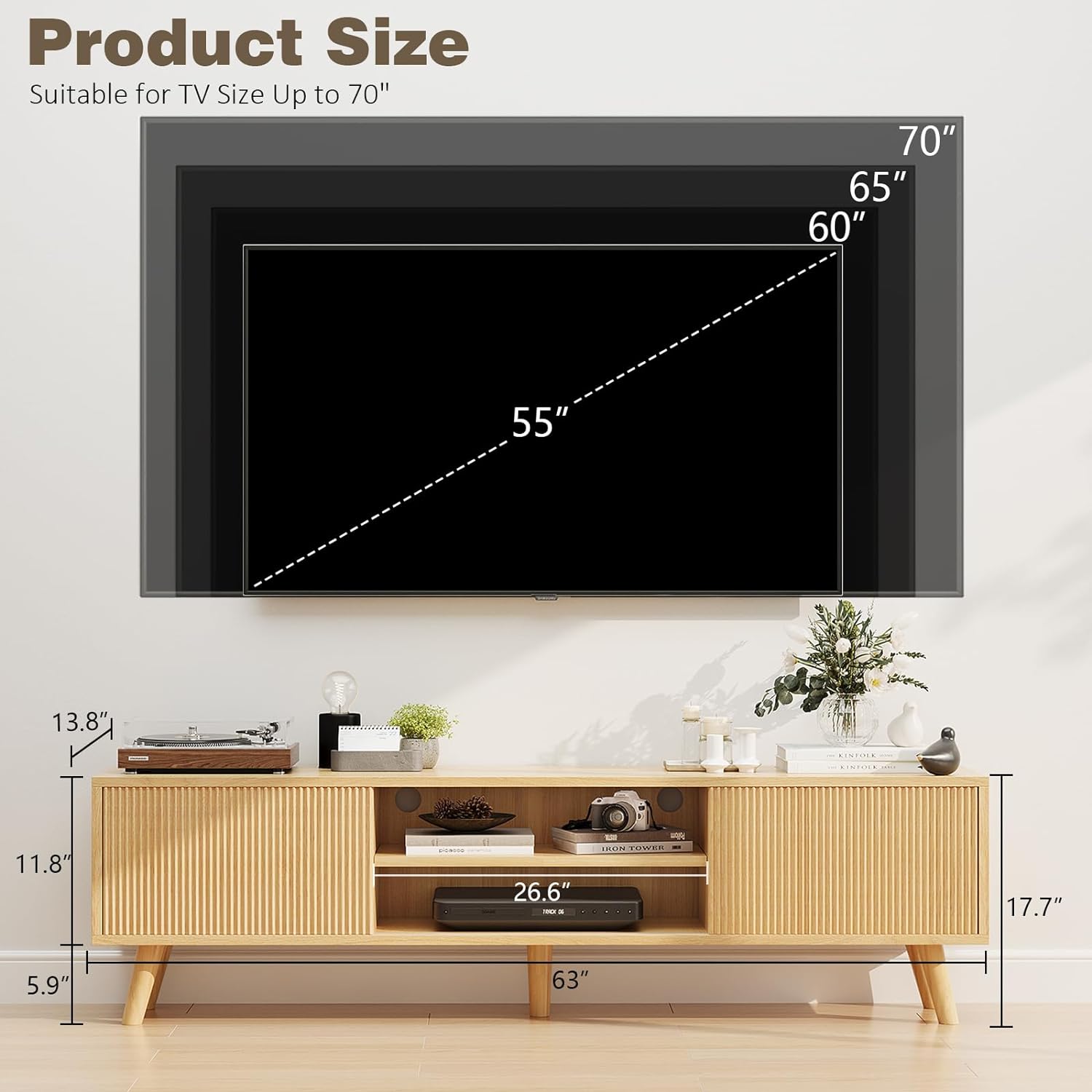 TV Stand for TVs Up to 75 Inches, Boho Entertainment Center Wood TV Stand with Fluted Sliding Doors & Shelves