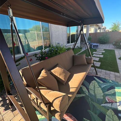 PURPLE LEAF Outdoor Patio Porch Swing with Adjustable PVC Canopy, 3-seat Swing Chair Bench with Side Cup Holder for Backyard Front Porch Lawn