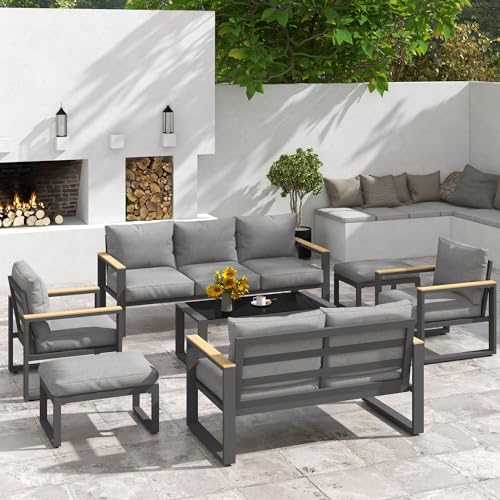 Aluminum Patio Furniture Set, 4 Piece Outdoor Conversation Set with Coffee Table, Metal Outdoor Patio Furniture Set for Porch Backyard Garden, Grey
