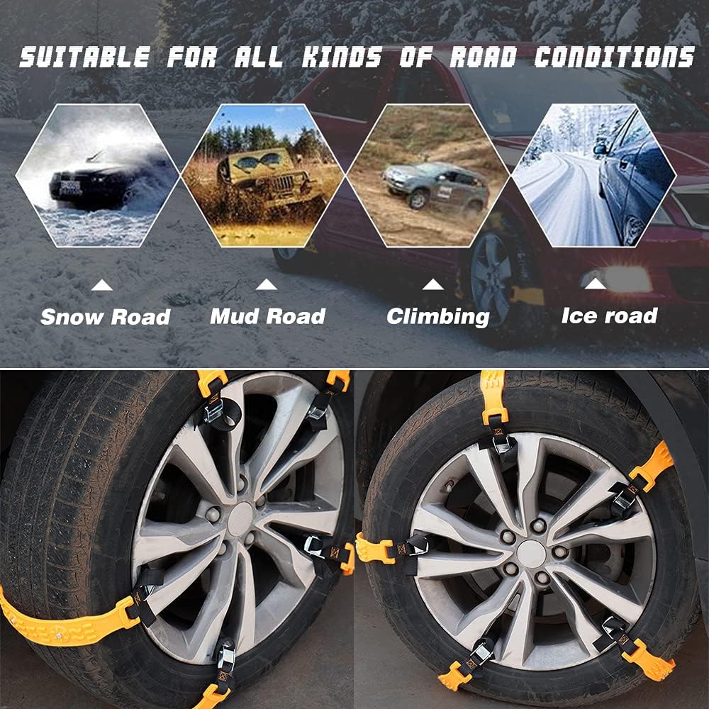 PTNHZ Universal Yellow 10pcs Car Snow Chains TPU Wheel Security Chains Adjustable Snow Tire Chains Belt Emergency Anti-Skid Anti-Slip For Cars Auto