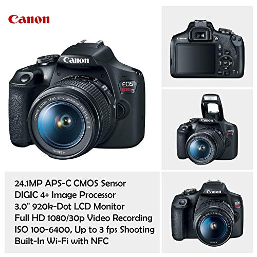 Canon EOS Rebel T7 DSLR Camera with 18-55mm is II Lens + Canon EF 75-300mm f/4-5.6 III Lens and 500mm Preset Lens + 32GB Memory + Filters + Monopod +