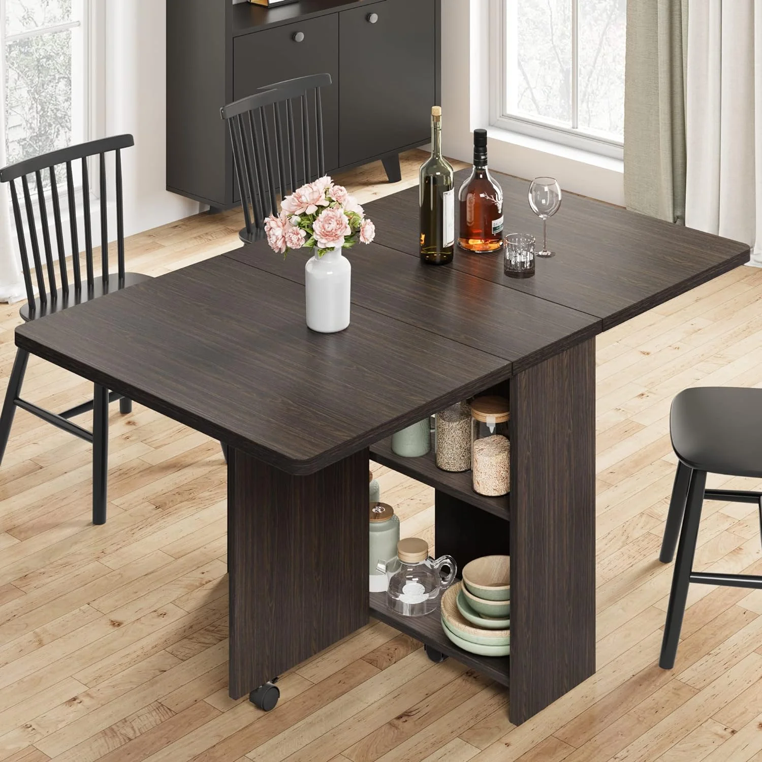 RUNFAYBIU Space Saving Folding Dining Table with 2 Tier -Extendable Drop Leaf Farmhouse Wood Kitchen Dining Room Tables Set for 4  Collapsible