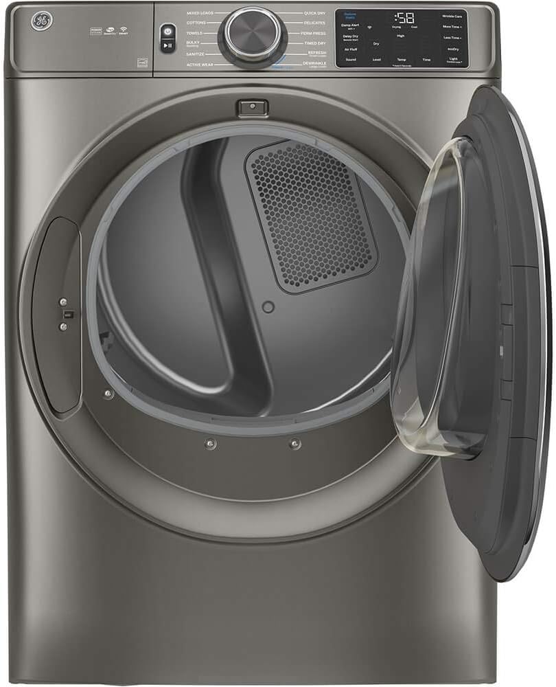 GE GFD65GSPNSN 28" Front Load Gas Dryer with 7.8 cu. ft. Capacity Powersteam Built-in WiFi Sanitize Cycle and Vent Sensor in Satin Nickel