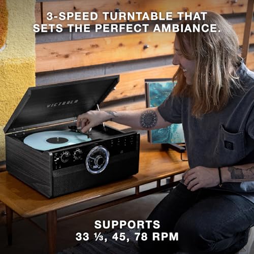 Victrola The Empire Mid-Century 6-in-1 Turntable & Multimedia Center with Built-in Speakers – 3 Speed, Bluetooth Connectivity, Radio