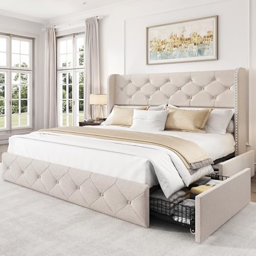 King Size Bed Frame with 4 Storage Drawers and Tufted Headboard Linen Upholstered Platform Bed Frame Wingback Beds with Wooden Slats Support