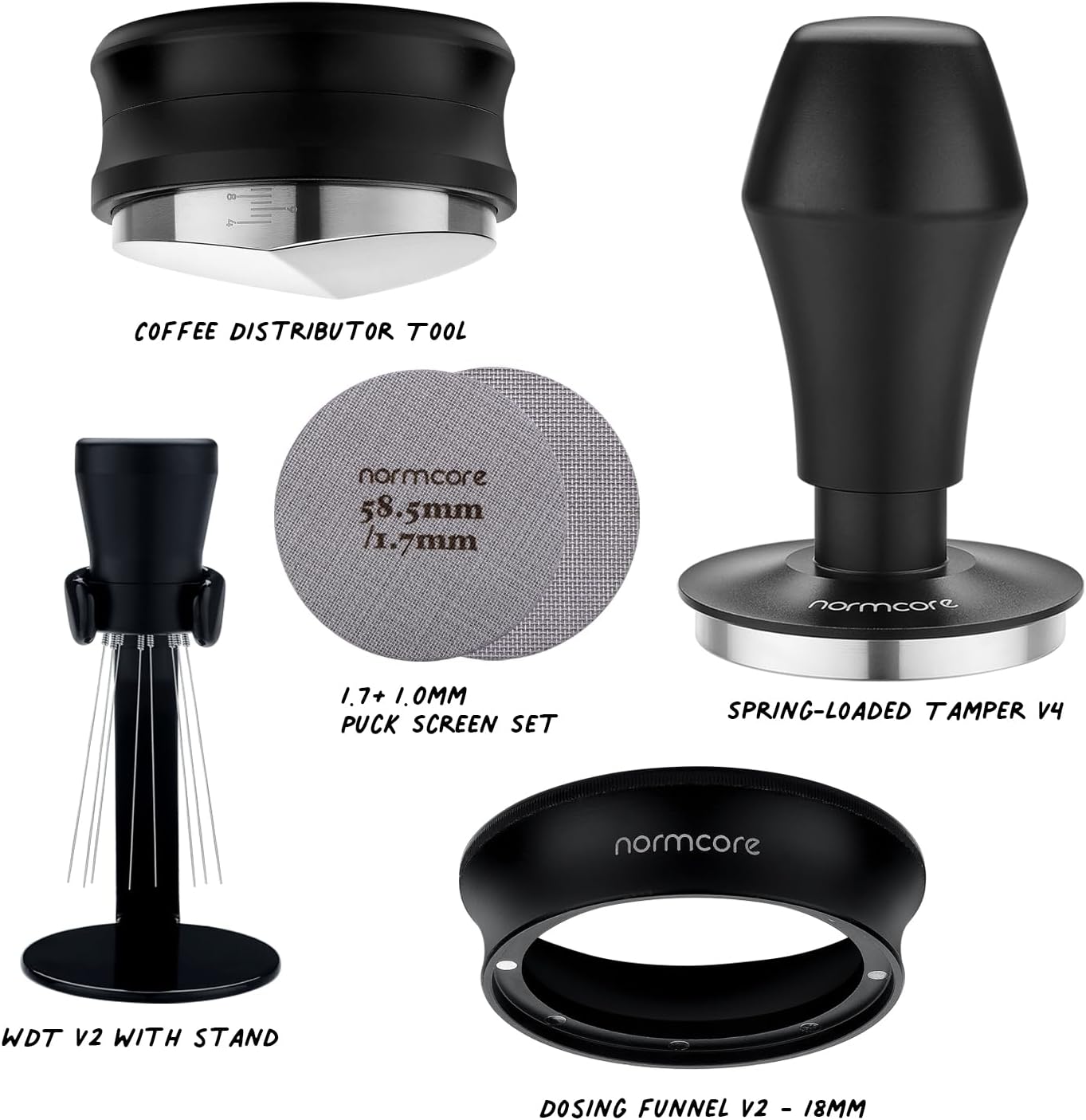 Normcore 58.5mm 7-in-1 Barista Kit: Coffee Tamper, Distributor Tool, WDT with Stand, Dosing funnel, Puck Screen Set, Compact Tamping Mat