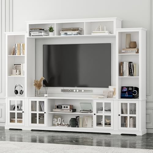 Wall Unit Entertainment Center, TV Wall Units for Living Room with Storage, 102" W Large Farmhouse TV Stand with Glass Doors