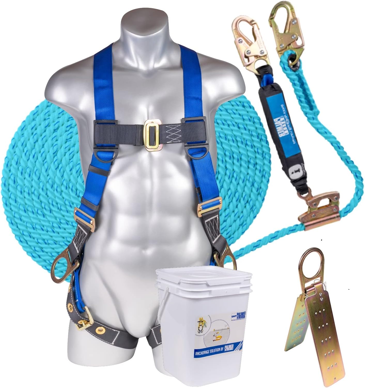 Palmer Safety Fall Protection Roofing Bucket Kit I Full-Body Harness, 50' Vertical Rope & Anchor Set