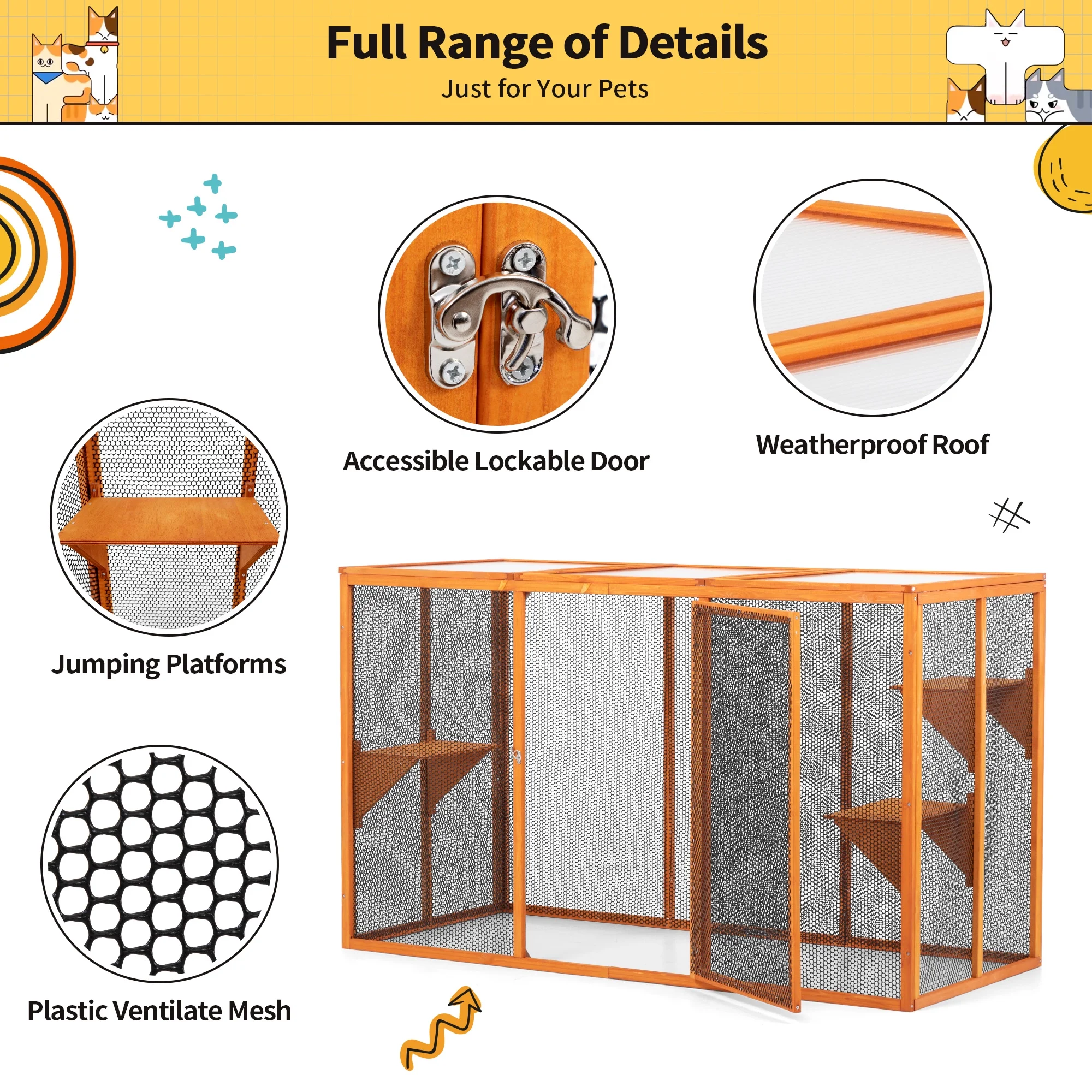 COZIWOW Outdoor Cat House, Wood Cat Catio with Platforms, Lockable Enter Door, Sunshine Panel, Cat Patio Cage Enclosure for Backyard Garden, Orange
