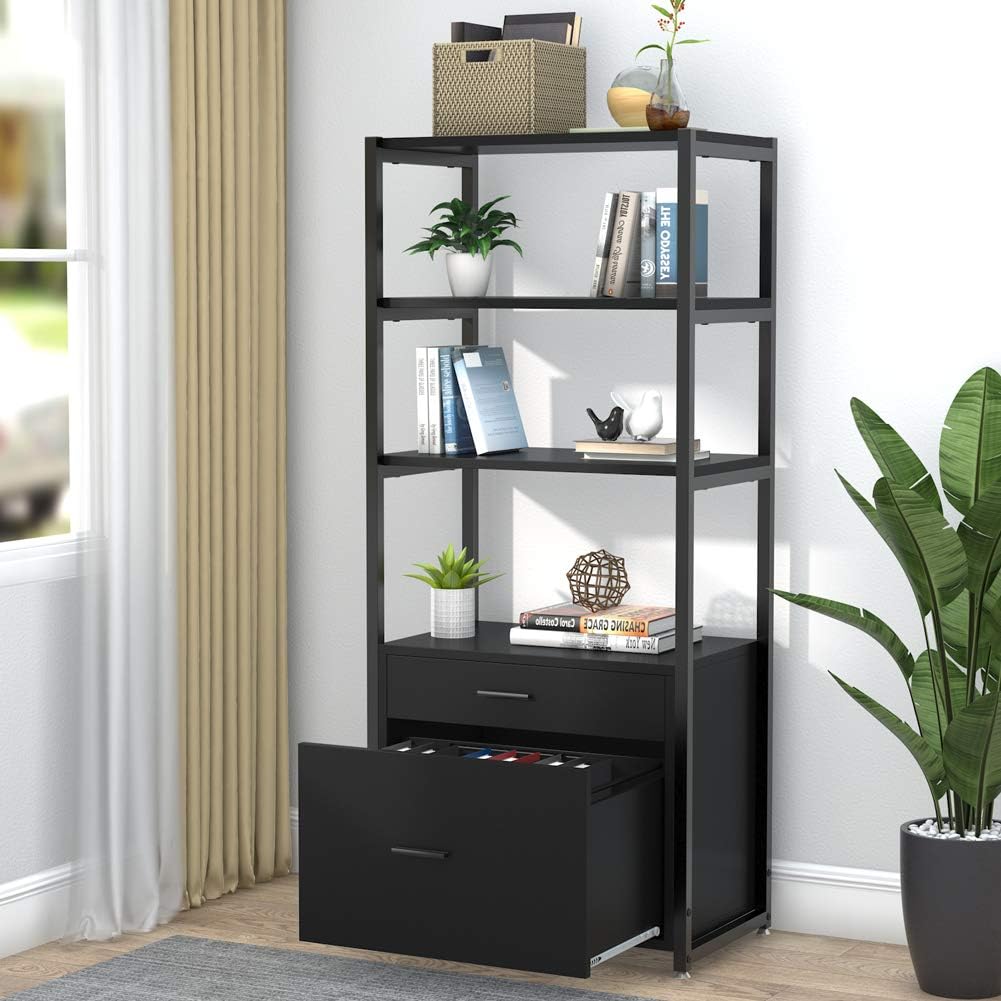 Tribesigns Bookcase Bookshelf, 4-Tier Modern File Cabinet with 2 Drawers