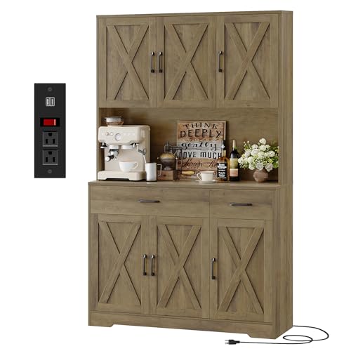 HOSTACK 71" Pantry Cabinet with Charging Station, Tall Kitchen Pantry Storage Cabinet with Microwave Stand