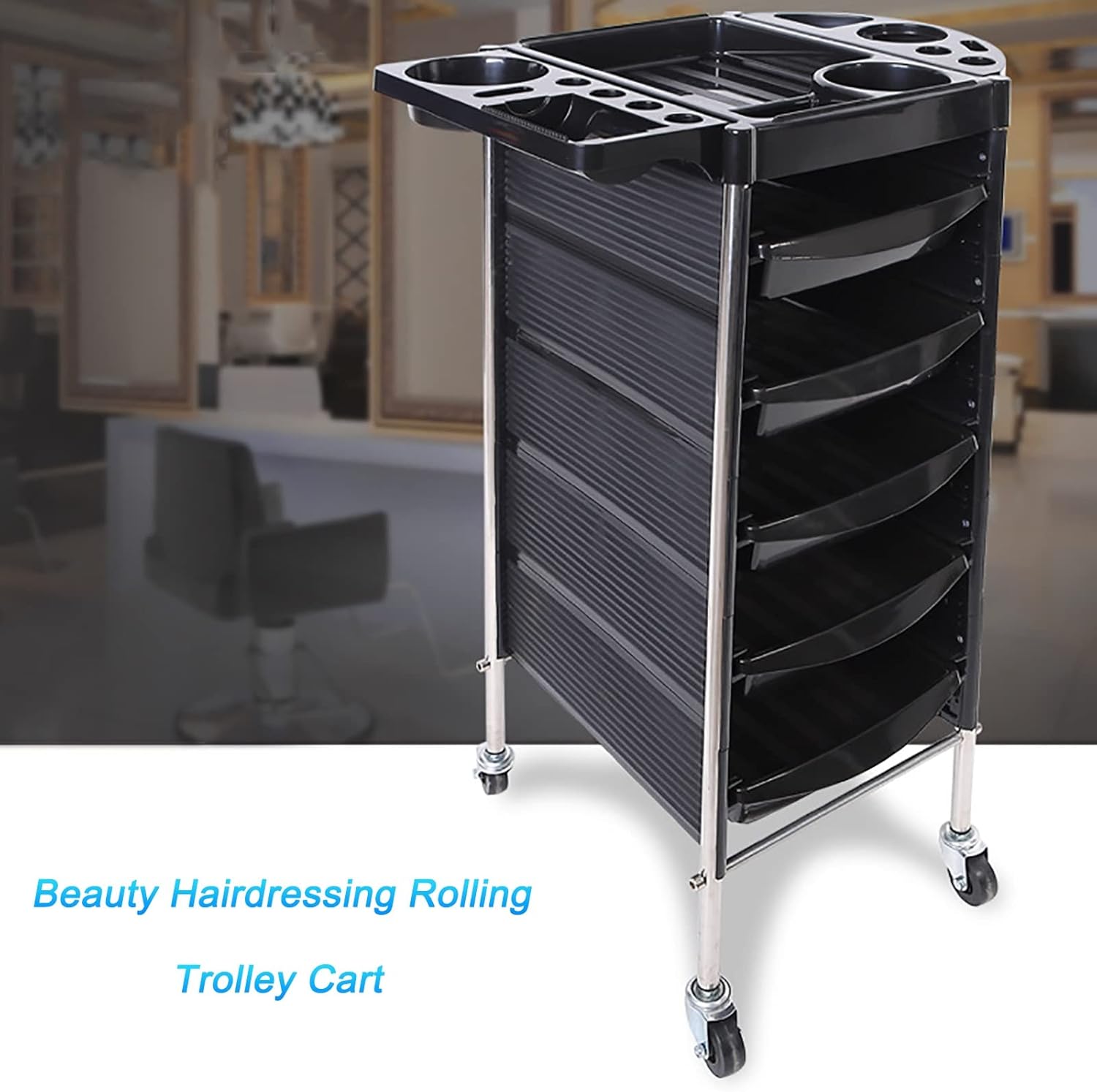 Beauty Salon Equipment Trolley with 5 Drawers, 4 Rolling Wheels for Beauty Hairdressing Storage Cart, Black