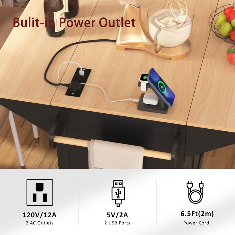 55.7'' Large Kitchen Island with 2 Drop Leaf, Rolling Kitchen Cart on 5 Wheels with Power Outlet