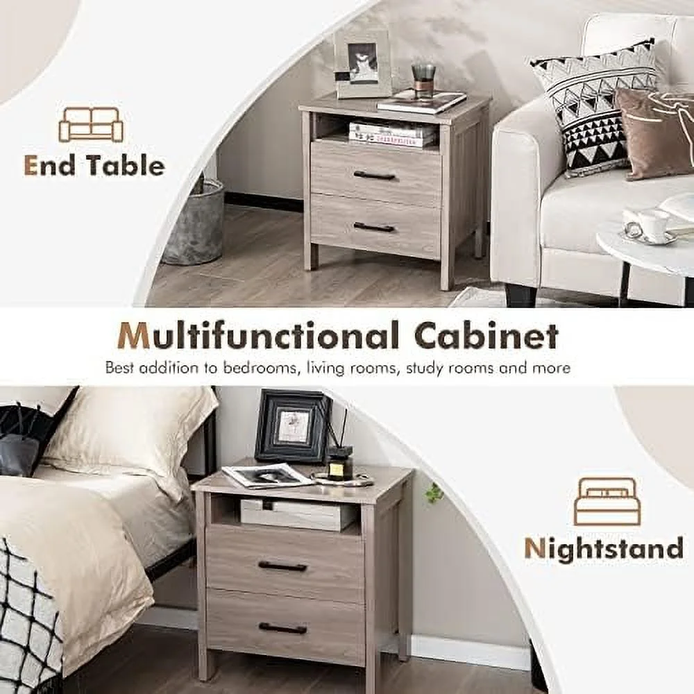 RUNFAYBIU Nightstand with 2 Drawers   Wooden End Side Tables with Open   and Cable Hole  Multifunctional 2-Drawer Night Stand  Farmhouse Bedside
