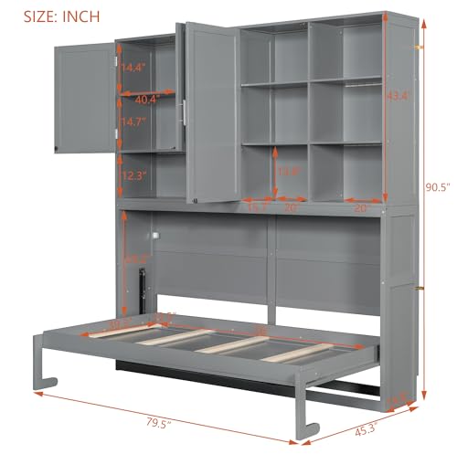 SOFTSEA Twin Size Murphy Bed Frame with Storage Cabinet and Shelves, Foldable Wall Bed with Light & USB for Guest Room, No Box Spring Needed, Gray