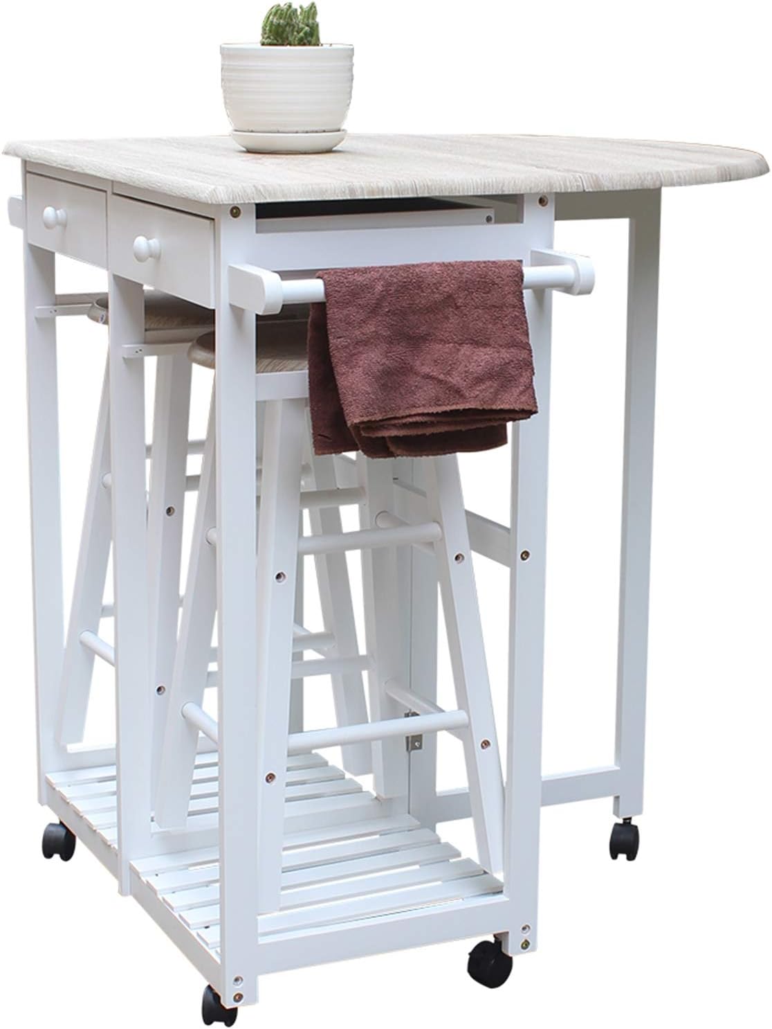 ANEUHS Foldable with Wooden Handle Kitchen Island Trolley Cart with 2 Stools and 2 Drawers Dining Table Set Solid Wood Drop Leaf Table Easy Put
