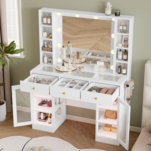 Makeup Vanity Desk with Mirror and Lights, White Vanity with Glass Top, LED Lights & Power Outlet, 3 Drawers & 2 RGB Glass Cabinets