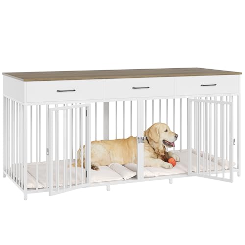 HOSTACK Double Dog Crates Furniture, 71" Wide Indoor Dog Kennel with 3 Drawers, Farmhouse Dog Cage for 2 Large/Medium Dogs
