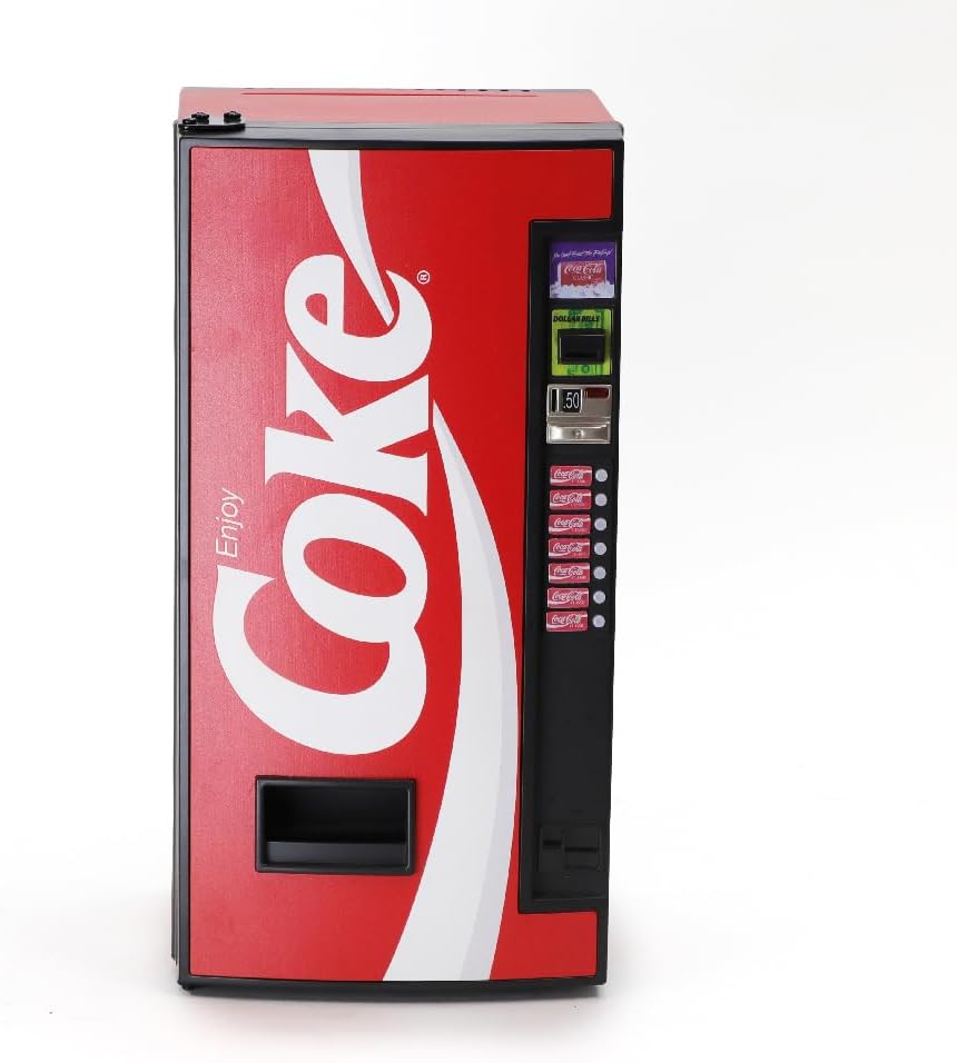 Coca-Cola Classic Replica Vending Machine Mini Fridge, 1/6 Scale, Holds 2 Cans or 1 Bottle, Dispenses Mini Can Prop, for Bedroom, Office Desk