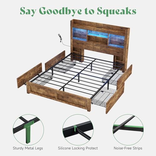 AMERLIFE Queen Bed Frame with 4 Storage Drawers, LED Platform Bed with 49" Bookcase Headboard
