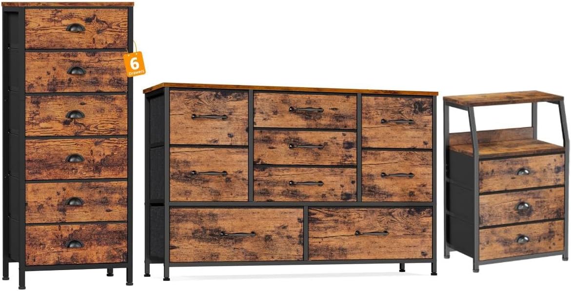 Furnulem Vertical End Table and Nightstand for Bedroom, Wide Dresser with 9 Large Drawers for 55'' Long TV Stand Entertainment Center for Bedroom