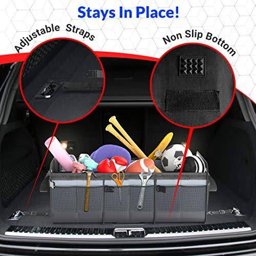 Fortem Car Trunk Organizer, Foldable Cover, Non-Slip Waterproof Bottom, Straps, Cargo Storage (3 Compartments, Grey)