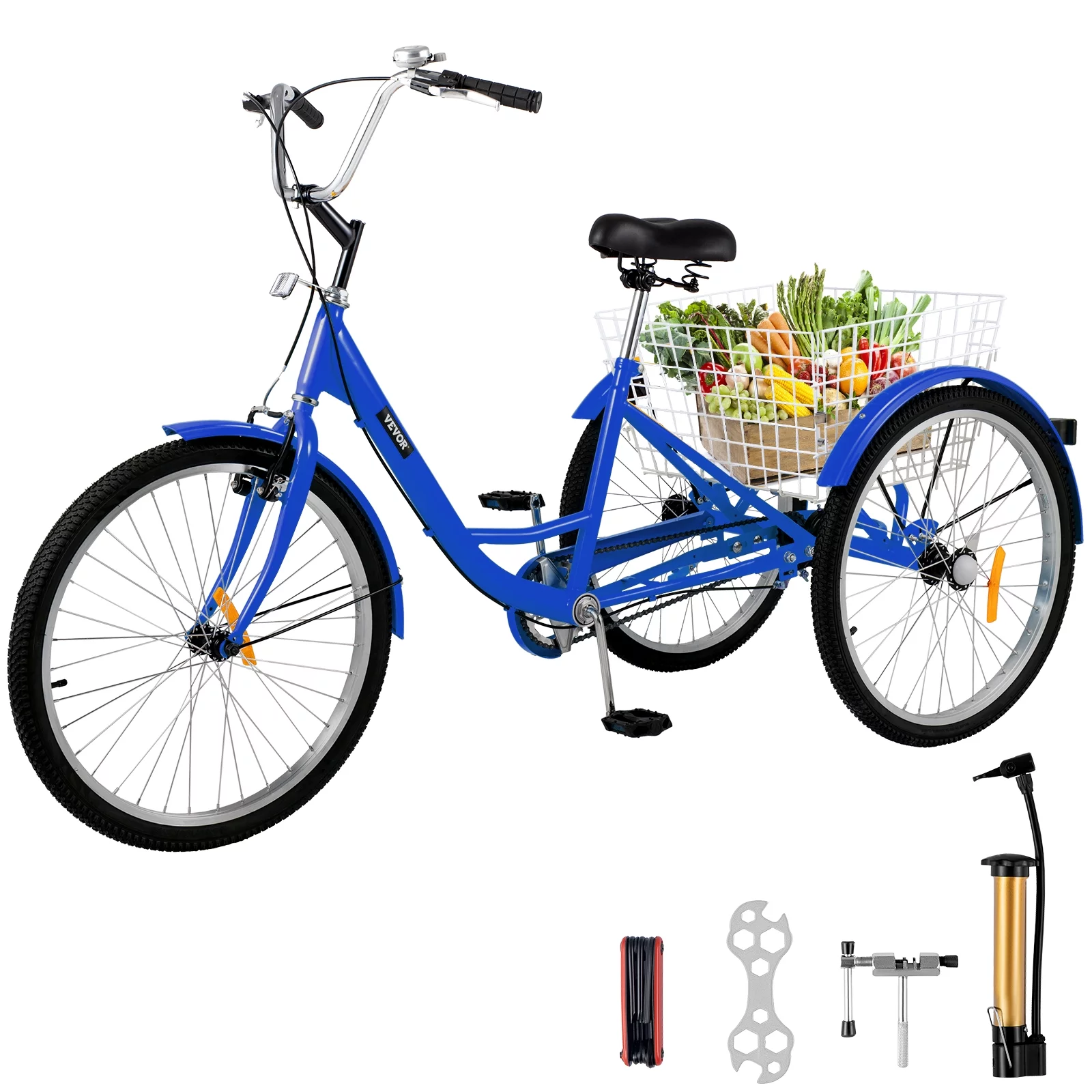 VEVOR Adult Tricycle 24" Single Speed Three Wheel Bike with Bell Brake System and Basket Cruiser Bicycles Large Size for Shopping,Blue