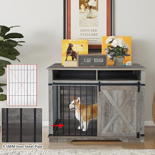 Aoowow Large Double Dog Crate Furniture 72.4" Indoor Dog Kennel with Sliding Barn Door and Divider