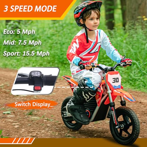 OLALA 36V Electric Dirt Bike for Kids Aged 4-8, Brushless 350W Racing Grade Electric Motorcycle, Up to 18.6MPH & 3 Speed Settings, Dual Disc Brakes