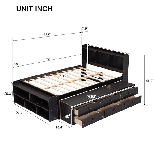 SOFTSEA Full Size Platform Bed with Storage, Platform Bed with Drawers and Bed End Case, Wood Platform Bed Frame with Storage Bookcase Headboard