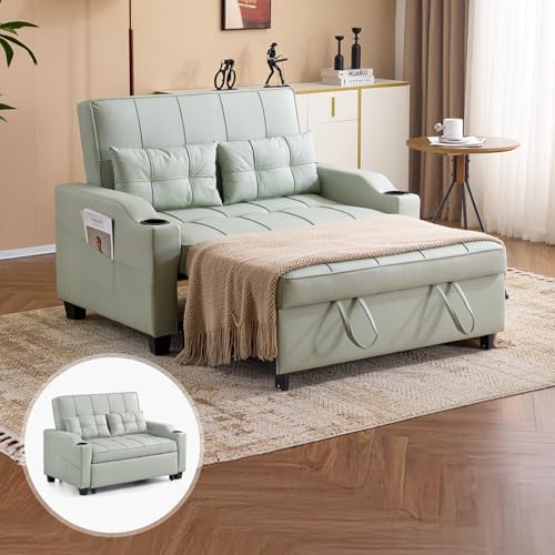 VINGLI Light Green Futon Sofa Bed Convertible Loveseat Sleeper Couch, Faux Leather Pullout Sofa Fold Out Couch Bed with USB Ports, Cup Holders