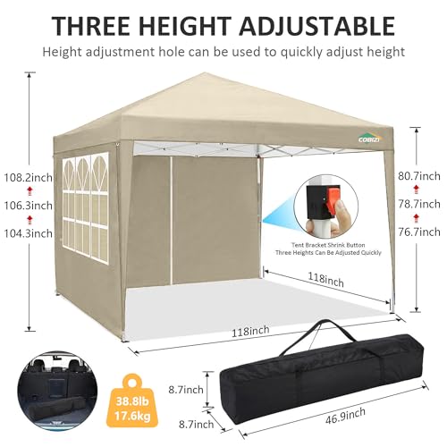 COBIZI 10x10 Pop up Canopy Tent Protable Canopy Tent with 4 Sidewalls Waterproof Commercial Instant Shelter for Parties, Wedding