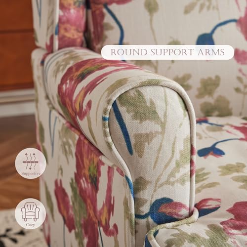 MELLCOM Floral Accent Chair, High Back Upholstered Armchair with Solid Legs, Leisure Single Sofa Chair for Living Room, Bedroom, Home Office