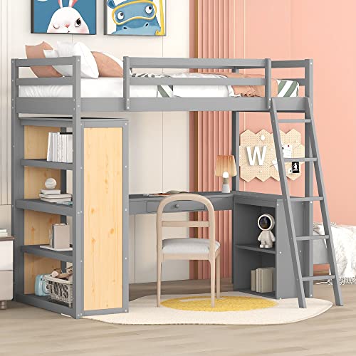 Twin Loft Bed with Staircase, Desk and Wardrobe, Wood Loft Bed with Storage Shelves and Safety Guardrail
