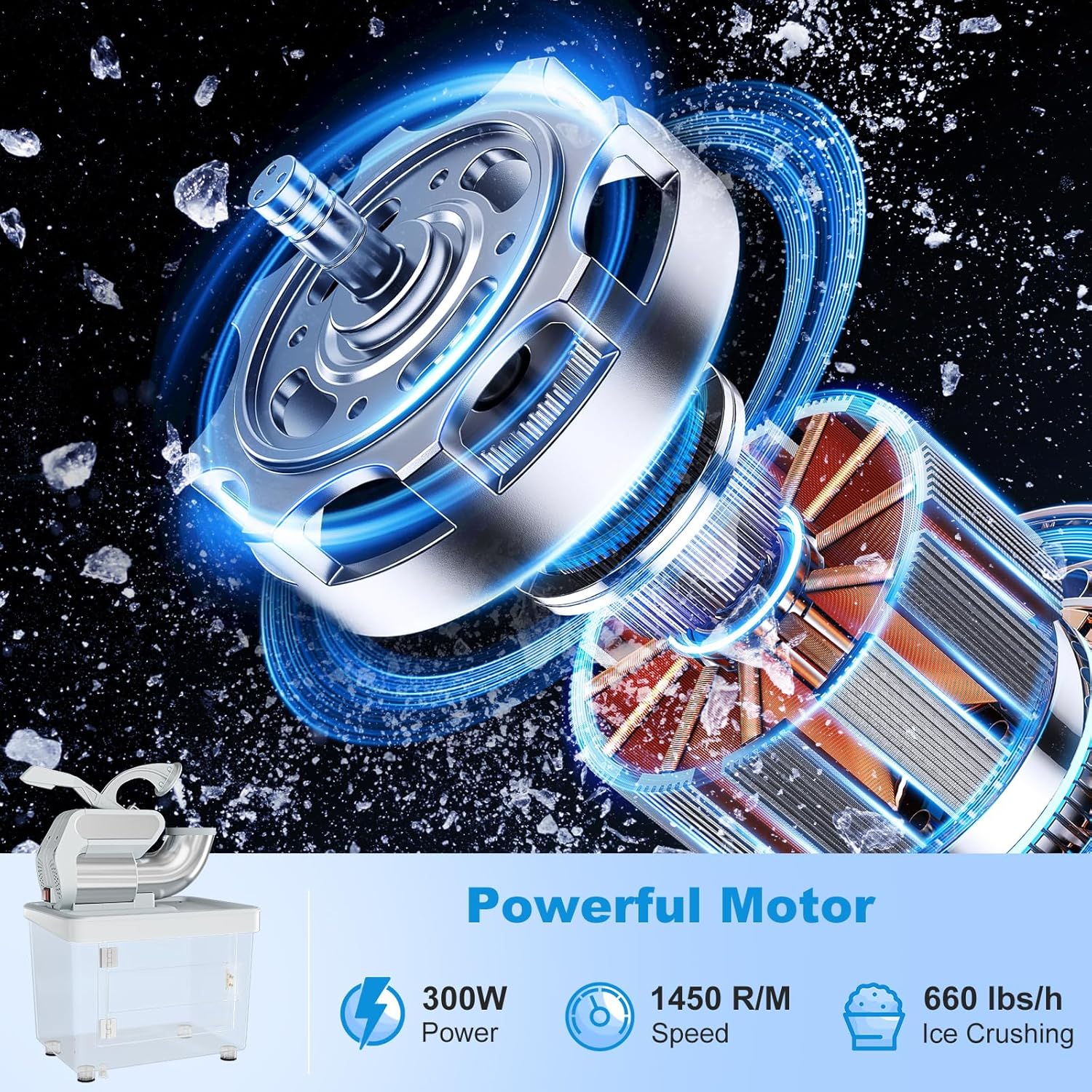 120V Commercial Shaved Ice Machine 660 LBS/H, ETL Approved 300W Snow Cone Machine with Dual Blades, Safety On/Off Switch, Electric Ice Crusher
