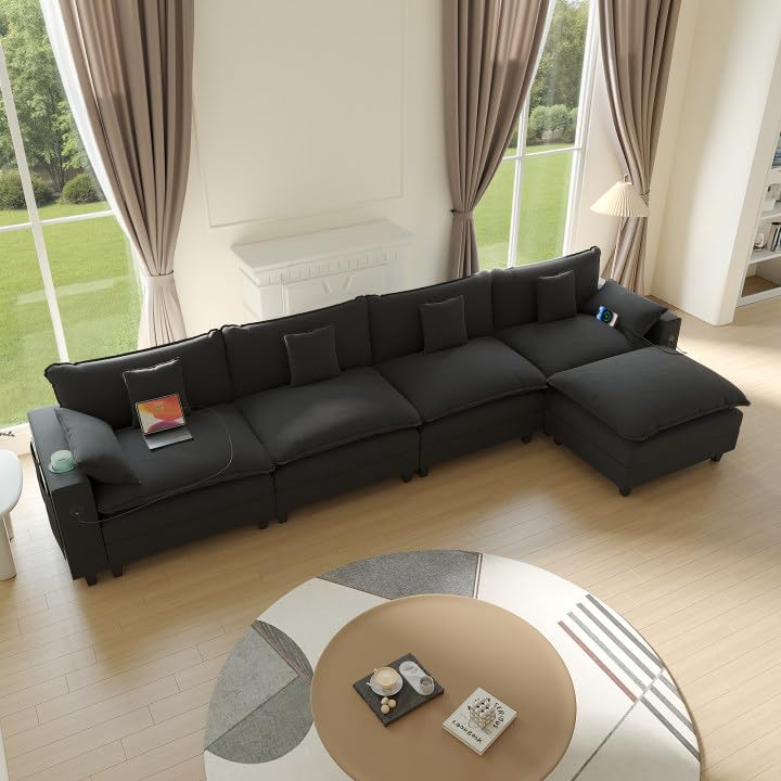 Modular Sectional Sofa, Cloud Couch with Ottoman, Charging Station, Throw Pillows, Cup Holders, Modern Convertible U Shaped Couches for Living Room