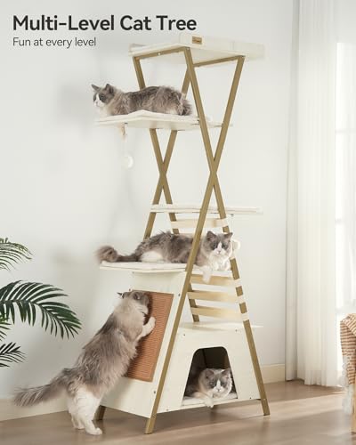 FourFurPets 72.4" Modern Cat Tower for Indoor Cats - Multi-Level Condo With Caves, Tall Tree With Scratching Board, Wooden Tower With Large Perch