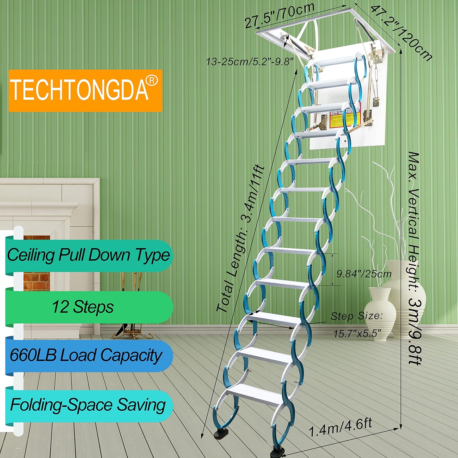 TECHTONGDA Attic Ceiling Ladder Pull Down Attic Stairs Blue Folding Loft Ladder Stairs 9.8ft Hight Ceiling Mounted Carbon Steel Attic Access Ladder