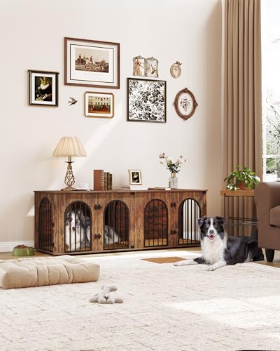 71" Dog Crate Furniture for 2 Dogs, Heavy Duty Indoor Dog Kennel TV Stand, XXL Wooden Dog Cage with Divider for Medium Large Dogs