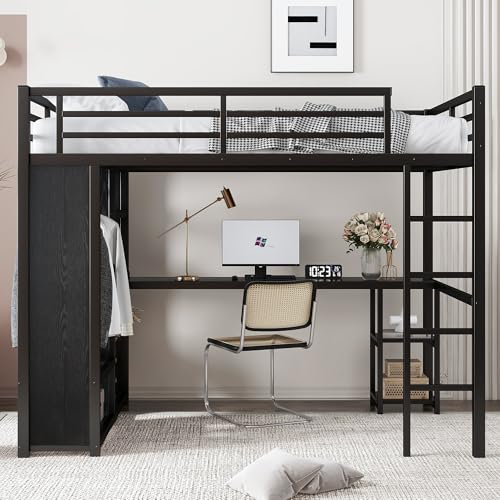 Queen Heavy Duty Metal Loft Bed with L-Shaped Desk, Wardrobe & 5 Storage Shelves – Space-Saving Design for Kids, Teens, Adults – CPC Certified