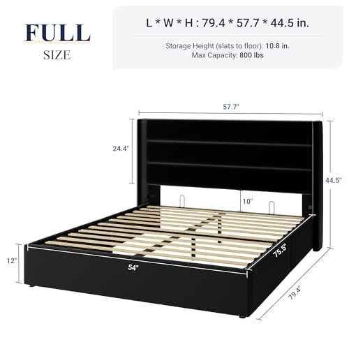 Allewie Full Size Lift Up Storage Bed, Modern Wingback Headboard, Hydraulic Support, No Box Spring Needed, Light Beige