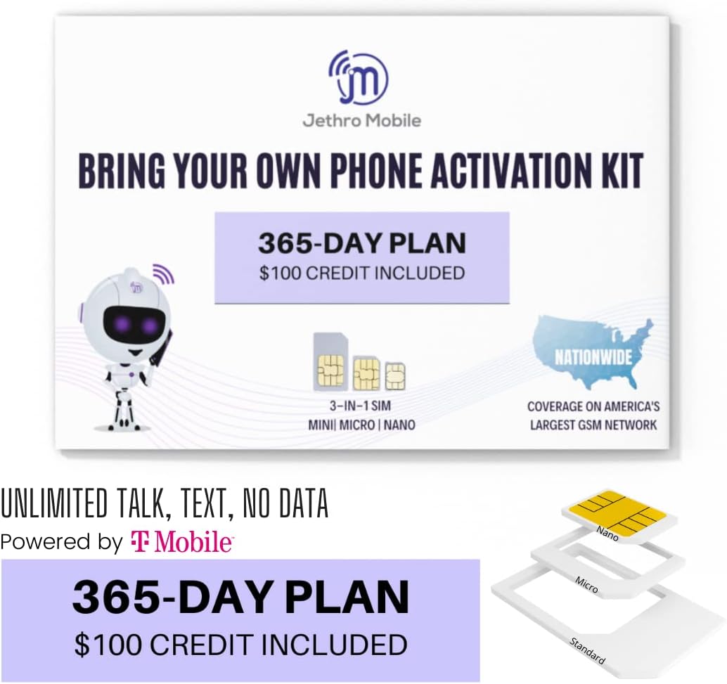Jethro Mobile $100 Phone Plan for 365 Days - Unlimited Talk and Text and No Data, Perfect for Senior Cell Phones, (SIM Card Kit Included)