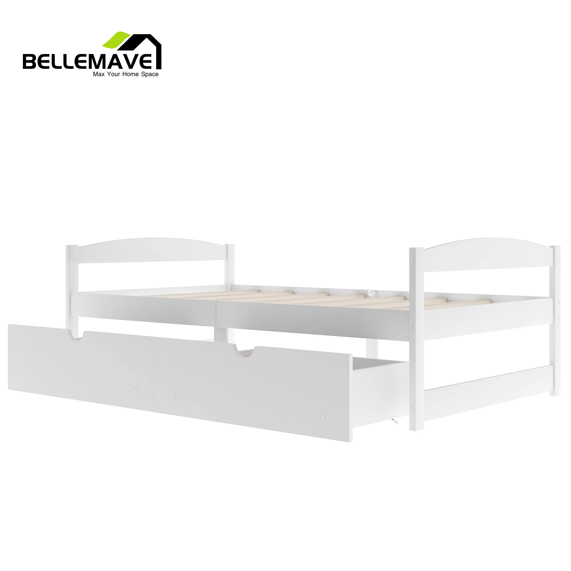 Bellemave White Twin Size Platform Bed with 2 Drawers for Bedroom Living Room, Wood Frame Twin Size Platform Bed Daybed with Slats