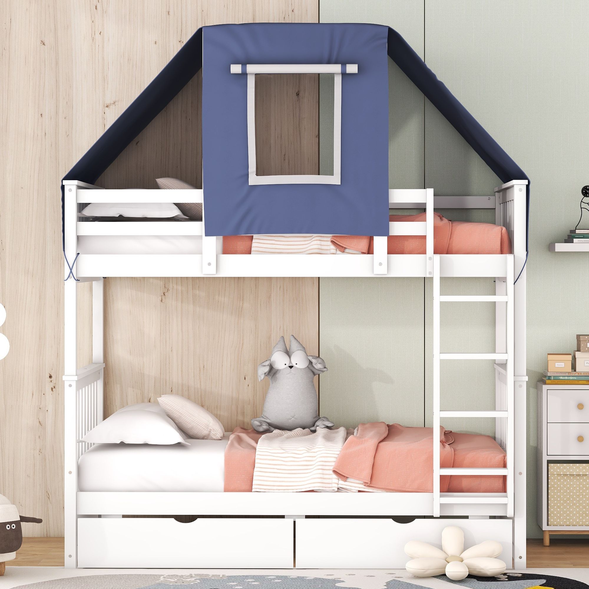 Twin Over Twin Bunk Bed with Tent and Drawers for Boys/Girls/Teens Bedroom, Wood Bed Frame with Safety Guardrail, No Box Spring Needed with Roof