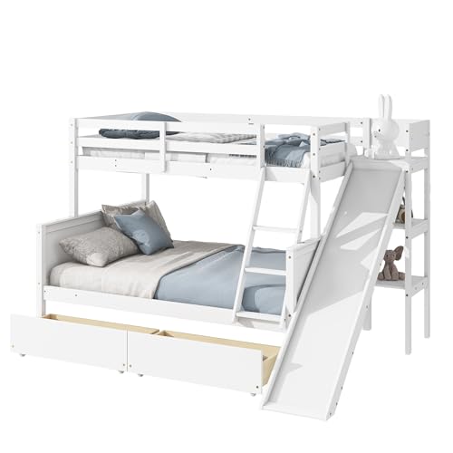 Bunk Beds Twin Over Full Size, Pine Solid Wooden Bunk Bed with Slide, Storage Staircase, Safety Guardrails for Kids, White